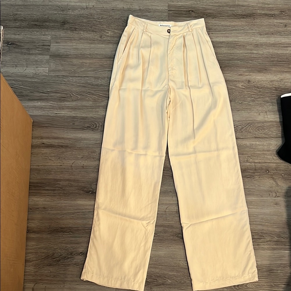 Reformation Cream Pleated Wide-Leg Pants